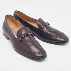 Tod's Black Navy Blue Leather Double T Buckle Slip On Loafers Size 42