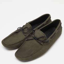 Pre Owned Tod's Olive Green Nubuck Leather Bow Loafers Size 43