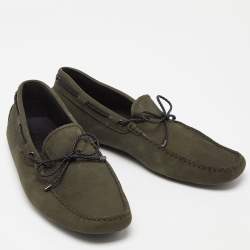 Pre Owned Tod's Olive Green Nubuck Leather Bow Loafers Size 43