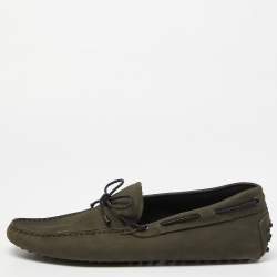Pre Owned Tod's Olive Green Nubuck Leather Bow Loafers Size 43
