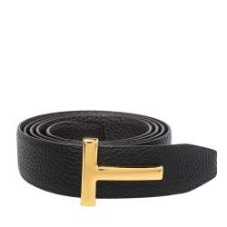 Pre Owned Tom Ford Black/Chocolate Brown Grained Leather T Icon Reversible Belt 105CM