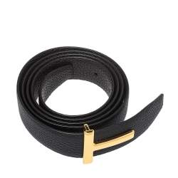 Pre Owned Tom Ford Black/Chocolate Brown Grained Leather T Icon Reversible Belt 105CM
