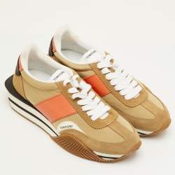 Pre Owned حذاء رياضي توم فورد جيمس كتان وجلد بني/برتقالي منخفض من أعلى مقاس 42