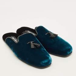 Pre Owned حذاء ميول توم فورد جلد أزرق بشراشيب ومخمل مقاس 44