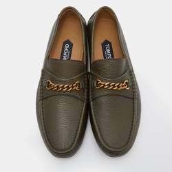 Tom Ford Olive Green Leather Chain Link Slip On Loafers Size 43