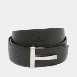 Tom Ford Black/Navy Blue Leather T Icon Reversible Belt 110 CM