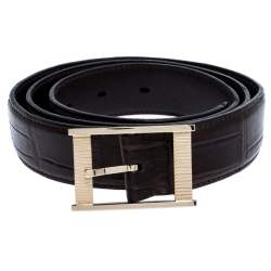 Pre Owned Tom Ford Dark Brown Croc Embossed Leather Buckle Belt 90CM