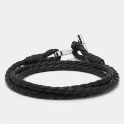 Pre Owned Tom Ford Black Woven Leather Silver Tone Wrap Bracelet