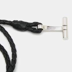 Pre Owned Tom Ford Black Woven Leather Silver Tone Wrap Bracelet