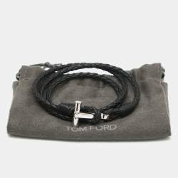 Pre Owned Tom Ford Black Woven Leather Silver Tone Wrap Bracelet
