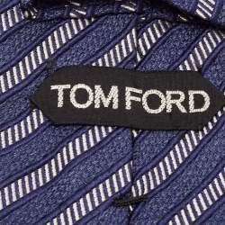 Pre Owned Tom Ford Dark Blue Diagonal Striped Cotton & Silk Tie