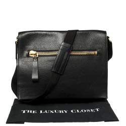 Tom Ford Black Grained Leather Buckley Flap Messenger Bag