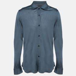 Tom Ford Blue Stretch Knit Button Front Shirt XL