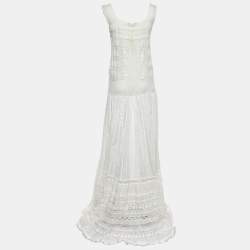 Pre Owned Roberto Cavalli White Cotton & Lace Sleeveless Maxi Dress S