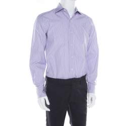 Pre Owned Tom Ford Purple and White Striped Cotton Long Sleeve Button Front Shirt L