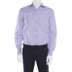 Pre Owned Tom Ford Purple and White Striped Cotton Long Sleeve Button Front Shirt L