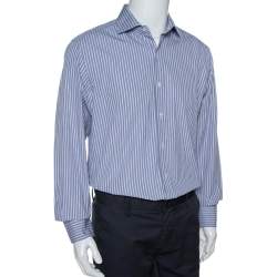 Pre Owned قميص توم فورد قطن أبيض مخطط وأزرق كحلي مقاس كبير جدًا جدًا - إكس إكس لارج