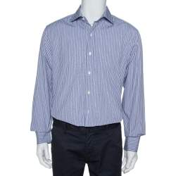 Pre Owned قميص توم فورد قطن أبيض مخطط وأزرق كحلي مقاس كبير جدًا جدًا - إكس إكس لارج