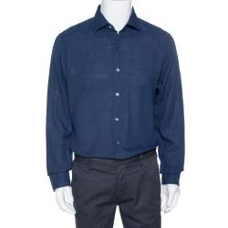 مملوكة مسبقًا Tom Ford Navy Blue Linen & Cotton Long Sleeve Shirt XXL