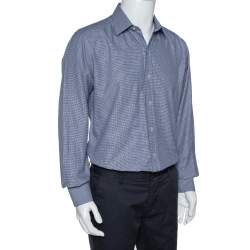 Pre Owned قميص توم فورد قطن أزرق كحلي منقوش مايكرو كم طويل مقاس كبير جدًا جدًا