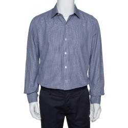 Pre Owned قميص توم فورد قطن أزرق كحلي منقوش مايكرو كم طويل مقاس كبير جدًا جدًا