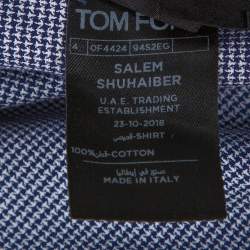 Pre Owned قميص توم فورد قطن أزرق كحلي منقوش مايكرو كم طويل مقاس كبير جدًا جدًا