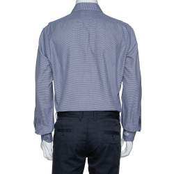 Pre Owned قميص توم فورد قطن أزرق كحلي منقوش مايكرو كم طويل مقاس كبير جدًا جدًا