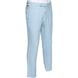 Pre Owned Tom Ford Light Blue Linen Buckle Detailed Pants XL