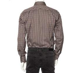 Pre Owned قميص توم فورد قطن تشيكريد بني بأزرار أمامية مقاس صغير - سمول 