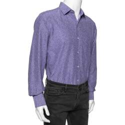 مملوكة مسبقًا قميص توم فورد حرير وقطن مطبوع أزرق بأزرار أمامية مقاس كبير جدًا - إكس لارج