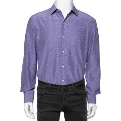 مملوكة مسبقًا قميص توم فورد حرير وقطن مطبوع أزرق بأزرار أمامية مقاس كبير جدًا - إكس لارج