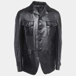 Tom Ford Black Leather Button Front Military Jacket XXL
