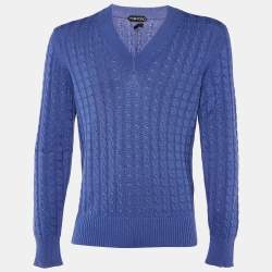 Pre Owned Tom Ford Blue Cotton Cable Knit V-Neck Sweater L