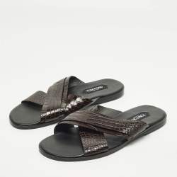Pre Owned Tom Ford Informal Preston Size 44 Brown Croc Embossed Leather Flat Sandals