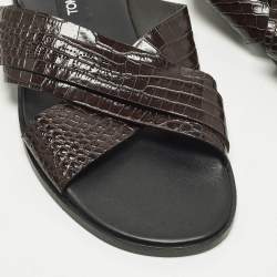 Pre Owned Tom Ford Informal Preston Size 44 Brown Croc Embossed Leather Flat Sandals