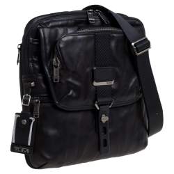 TUMI Black Leather Annapolis Zip Flap Messenger Bag