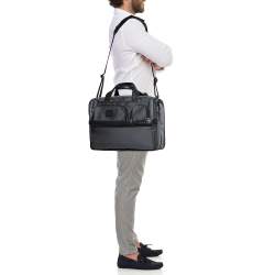 Pre Owned TUMI Grey/Black Nylon and Leather Expandable Organizer Computer Briefcase