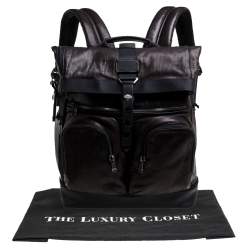 Pre Owned TUMI Black/Metallic Bronze Leather Alpha Bravo London Roll Top Backpack