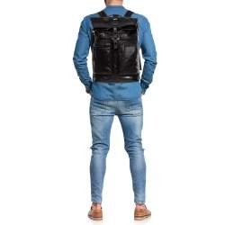 Pre Owned TUMI Black/Metallic Bronze Leather Alpha Bravo Luke Roll Top Backpack