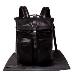 Pre Owned TUMI Black/Metallic Bronze Leather Alpha Bravo Luke Roll Top Backpack