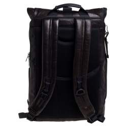 Pre Owned TUMI Black/Metallic Bronze Leather Alpha Bravo London Roll Top Backpack