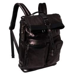 Pre Owned TUMI Black/Metallic Bronze Leather Alpha Bravo Luke Roll Top Backpack