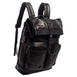 Pre Owned TUMI Black/Metallic Bronze Leather Alpha Bravo Luke Roll Top Backpack