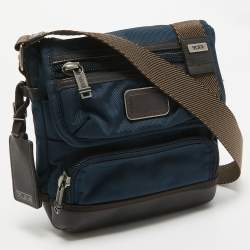 TUMI Navy Blue/Brown Leather and Nylon Alpha Bravo Barstow Messenger Bag