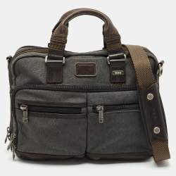 Tumi Grey/Brown Canvas and Leather Andersen Slim Commuter Briefcase Bag