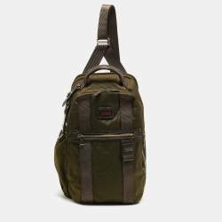 Pre Owned TUMI Greely Green/Brown Leather and Nylon Sling Backpack