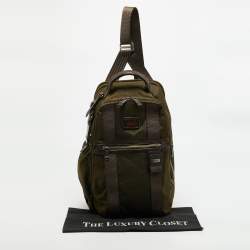 Pre Owned TUMI Greely Green/Brown Leather and Nylon Sling Backpack
