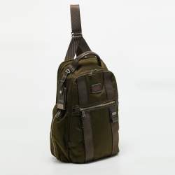Pre Owned TUMI Greely Green/Brown Leather and Nylon Sling Backpack