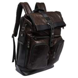 Pre Owned TUMI Black/Metallic Bronze Leather Alpha Bravo London Roll Top Backpack