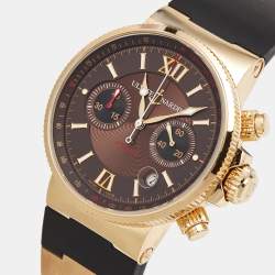 Ulysse Nardin Brown 18K Rose Gold Rubber Maxi Marine 356-66 Men's Wristwatch 41 mm